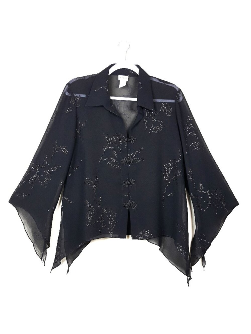 Whimsigoth Black Sheer Shimmery Floral Blouse Large